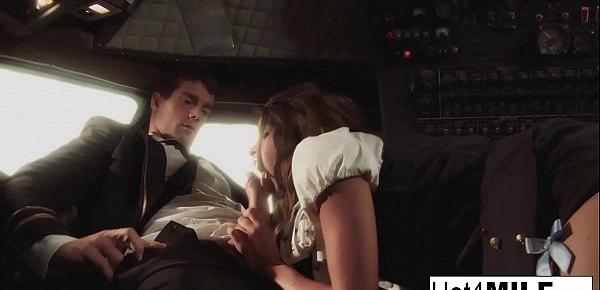 Flight attendant with big fake tits takes cock in the cockpit